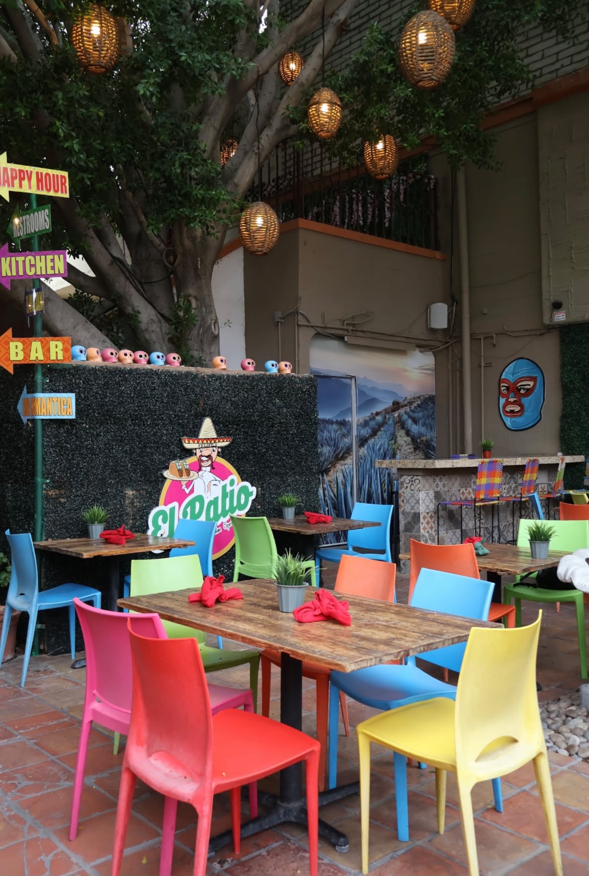 El Patio Palm Springs patio with string lights and colorful seating